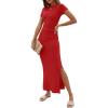 imageANRABESS Women Summer Short Sleeve Ruched Bodycon Slit Club Evening Party Cocktail Formal Wedding Guest Long Maxi DressesRed