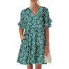 imageANRABESS Womens Summer 2025 Trendy Ruffle Short Sleeve V Neck A Line Tiered Flowy Loose Casual Mini Beach Dress with PocketsGreen Blue Floral