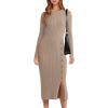 imageANRABESS Womens Sweater Dress Long Sleeve Crewneck Ribbed Knit Fitted Bodycon Botton Down Elegant Slit Midi Dresses Fall 2025Tan