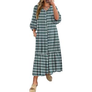 imageANRABESS Boho Maxi Dresses for Women Summer Puff Sleeve V Neck Flowy Long Casual Dress with Pockets 2025 Vacation OutfitsFloral Dark Green