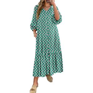 imageANRABESS Boho Maxi Dresses for Women Summer Puff Sleeve V Neck Flowy Long Casual Dress with Pockets 2025 Vacation OutfitsFloral Green