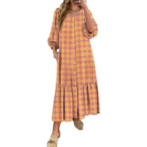 imageANRABESS Boho Maxi Dresses for Women Summer Puff Sleeve V Neck Flowy Long Casual Dress with Pockets 2025 Vacation OutfitsFloral Purple Yellow