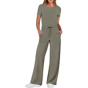 imageANRABESS Jumpsuits for Women Casual Summer 2025 Short Sleeve Loose Wide leg Pants Dressy Romper Jumpers One Piece OutfitsArmy Green
