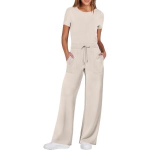 imageANRABESS Jumpsuits for Women Casual Summer 2025 Short Sleeve Loose Wide leg Pants Dressy Romper Jumpers One Piece OutfitsBeige