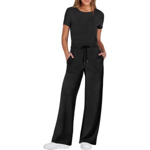 imageANRABESS Jumpsuits for Women Casual Summer 2025 Short Sleeve Loose Wide leg Pants Dressy Romper Jumpers One Piece OutfitsBlack