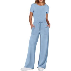 imageANRABESS Jumpsuits for Women Casual Summer 2025 Short Sleeve Loose Wide leg Pants Dressy Romper Jumpers One Piece OutfitsBlue
