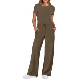imageANRABESS Jumpsuits for Women Casual Summer 2025 Short Sleeve Loose Wide leg Pants Dressy Romper Jumpers One Piece OutfitsCoffee