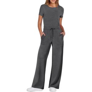 imageANRABESS Jumpsuits for Women Casual Summer 2025 Short Sleeve Loose Wide leg Pants Dressy Romper Jumpers One Piece OutfitsDeep Gray