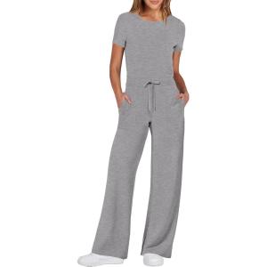 imageANRABESS Jumpsuits for Women Casual Summer 2025 Short Sleeve Loose Wide leg Pants Dressy Romper Jumpers One Piece OutfitsLight Gray