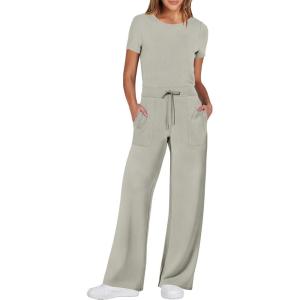 imageANRABESS Jumpsuits for Women Casual Summer 2025 Short Sleeve Loose Wide leg Pants Dressy Romper Jumpers One Piece OutfitsLight Khaki