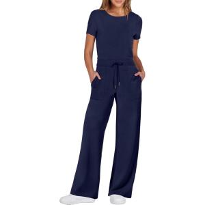 imageANRABESS Jumpsuits for Women Casual Summer 2025 Short Sleeve Loose Wide leg Pants Dressy Romper Jumpers One Piece OutfitsNavy Blue