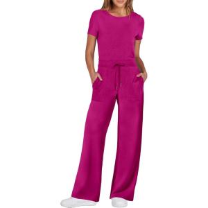 imageANRABESS Jumpsuits for Women Casual Summer 2025 Short Sleeve Loose Wide leg Pants Dressy Romper Jumpers One Piece OutfitsRose