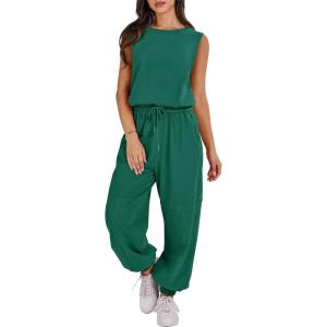 imageANRABESS Jumpsuits for Women Casual Summer Sleeveless 2025 Romper One Piece Outfit Active Workout Lounge Jumpsuits Pockets Green Small