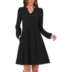 imageANRABESS Long Sleeve Dress for Women V Neck 2025 Fall Casual Ribbed Knit Flowy Swing Short Sweater Dresses with PocketsBlack