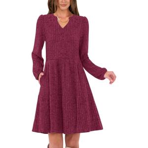 imageANRABESS Long Sleeve Dress for Women V Neck 2025 Fall Casual Ribbed Knit Flowy Swing Short Sweater Dresses with PocketsBurgundy