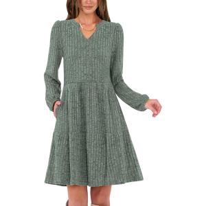 imageANRABESS Long Sleeve Dress for Women V Neck 2025 Fall Casual Ribbed Knit Flowy Swing Short Sweater Dresses with PocketsGrey Green
