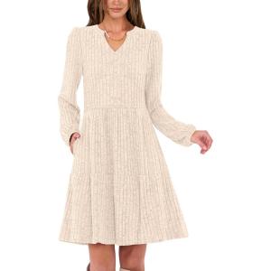 imageANRABESS Long Sleeve Dress for Women V Neck 2025 Fall Casual Ribbed Knit Flowy Swing Short Sweater Dresses with PocketsLight Khaki