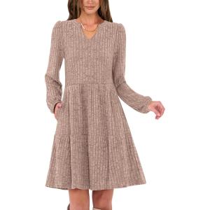 imageANRABESS Long Sleeve Dress for Women V Neck 2025 Fall Casual Ribbed Knit Flowy Swing Short Sweater Dresses with PocketsTan