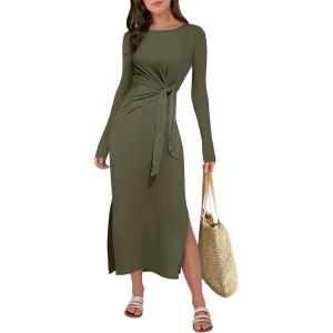 imageANRABESS Long Sleeve Maxi Dress for Women Trendy Crew Neck Tie Waist Slim Slit Casual Work Long Dresses 2025 Fall OutfitsArmy Green