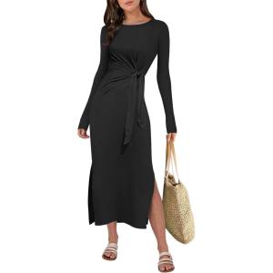 imageANRABESS Long Sleeve Maxi Dress for Women Trendy Crew Neck Tie Waist Slim Slit Casual Work Long Dresses 2025 Fall OutfitsBlack