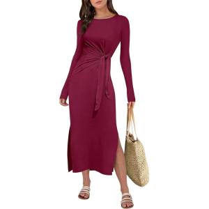 imageANRABESS Long Sleeve Maxi Dress for Women Trendy Crew Neck Tie Waist Slim Slit Casual Work Long Dresses 2025 Fall OutfitsBurgundy