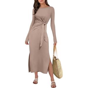 imageANRABESS Long Sleeve Maxi Dress for Women Trendy Crew Neck Tie Waist Slim Slit Casual Work Long Dresses 2025 Fall OutfitsKhaki