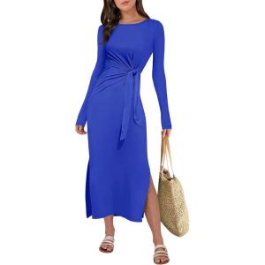 imageANRABESS Long Sleeve Maxi Dress for Women Trendy Crew Neck Tie Waist Slim Slit Casual Work Long Dresses 2025 Fall OutfitsRoyal Blue