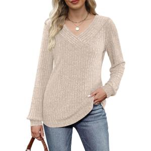 imageANRABESS Long Sleeve Shirts for Women V Neck Tunic Tops Business Casual Loose Fall Lightweight Sweaters Fashion Clothes 2025Beige