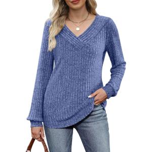 imageANRABESS Long Sleeve Shirts for Women V Neck Tunic Tops Business Casual Loose Fall Lightweight Sweaters Fashion Clothes 2025Blue