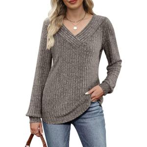 imageANRABESS Long Sleeve Shirts for Women V Neck Tunic Tops Business Casual Loose Fall Lightweight Sweaters Fashion Clothes 2025Coffee