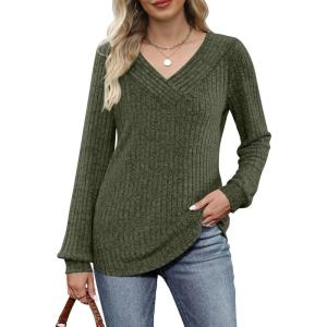 imageANRABESS Long Sleeve Shirts for Women V Neck Tunic Tops Business Casual Loose Fall Lightweight Sweaters Fashion Clothes 2025Deep Green