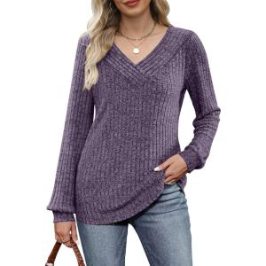 imageANRABESS Long Sleeve Shirts for Women V Neck Tunic Tops Business Casual Loose Fall Lightweight Sweaters Fashion Clothes 2025Purple