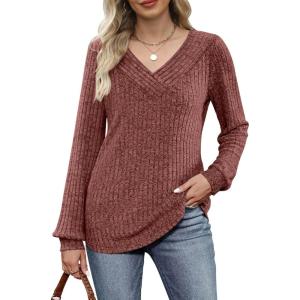 imageANRABESS Long Sleeve Shirts for Women V Neck Tunic Tops Business Casual Loose Fall Lightweight Sweaters Fashion Clothes 2025Rust