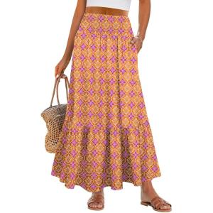 imageANRABESS Maxi Skirts for Women 2025 Summer Boho Long Flowy Floral Elastic High Waist Skirt Casual Travel Skirt with PocketsYellow Purple Floral