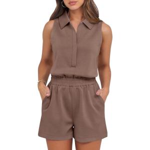 imageANRABESS Romper for Womens 2025 Summer Dressy Casual Sleeveless V Neck One Piece Short Jumpsuit Lounge Travel Outfits ClothesLight Brown