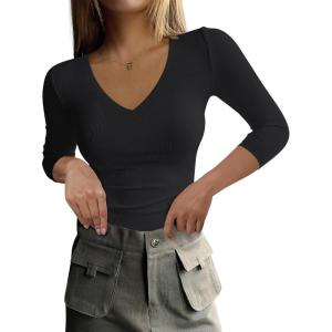 imageANRABESS Shirts for Women 34 Sleeve V Neck Rib Knit Slim Basic Tees Tops 2025 Fall Casual Tshirts Going Out Workout OutfitsBlack
