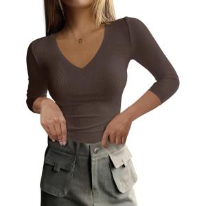 imageANRABESS Shirts for Women 34 Sleeve V Neck Rib Knit Slim Basic Tees Tops 2025 Fall Casual Tshirts Going Out Workout OutfitsCoffee