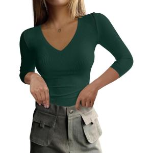 imageANRABESS Shirts for Women 34 Sleeve V Neck Rib Knit Slim Basic Tees Tops 2025 Fall Casual Tshirts Going Out Workout OutfitsDeep Green