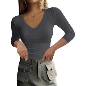 imageANRABESS Shirts for Women 34 Sleeve V Neck Rib Knit Slim Basic Tees Tops 2025 Fall Casual Tshirts Going Out Workout OutfitsDeep Grey