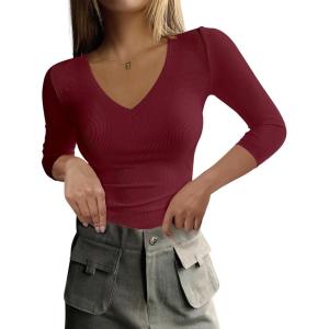 imageANRABESS Shirts for Women 34 Sleeve V Neck Rib Knit Slim Basic Tees Tops 2025 Fall Casual Tshirts Going Out Workout OutfitsDeep Red