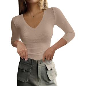 imageANRABESS Shirts for Women 34 Sleeve V Neck Rib Knit Slim Basic Tees Tops 2025 Fall Casual Tshirts Going Out Workout OutfitsLight Camel