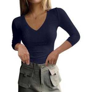 imageANRABESS Shirts for Women 34 Sleeve V Neck Rib Knit Slim Basic Tees Tops 2025 Fall Casual Tshirts Going Out Workout OutfitsNavy Blue