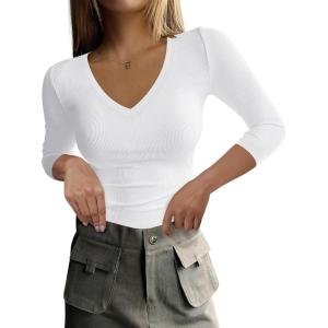 imageANRABESS Shirts for Women 34 Sleeve V Neck Rib Knit Slim Basic Tees Tops 2025 Fall Casual Tshirts Going Out Workout OutfitsWhite