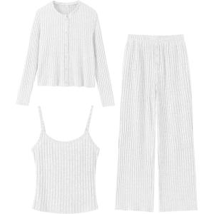 imageANRABESS Women 3 Piece Lounge Pajama Sets Knit Crop Cardigan Cami Top Wide Leg Pants 2025 Fall Outfits Comfy Matching ClothesWhite