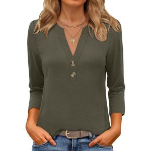 imageANRABESS Women 34 Sleeve Length Henley Tops Button V Neck Loose Fit Dressy Casual TShirts 2025 Fall Tunic BlouseArmy Green