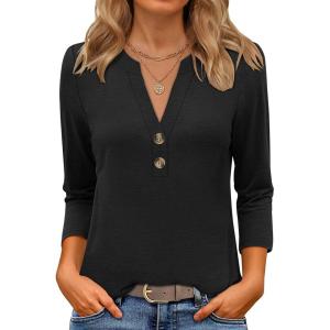 imageANRABESS Women 34 Sleeve Length Henley Tops Button V Neck Loose Fit Dressy Casual TShirts 2025 Fall Tunic BlouseBlack