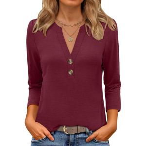 imageANRABESS Women 34 Sleeve Length Henley Tops Button V Neck Loose Fit Dressy Casual TShirts 2025 Fall Tunic BlouseBurgundy