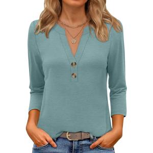 imageANRABESS Women 34 Sleeve Length Henley Tops Button V Neck Loose Fit Dressy Casual TShirts 2025 Fall Tunic BlouseCadet Blue