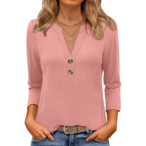 imageANRABESS Women 34 Sleeve Length Henley Tops Button V Neck Loose Fit Dressy Casual TShirts 2025 Fall Tunic BlouseCoral