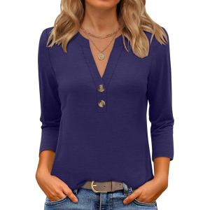 imageANRABESS Women 34 Sleeve Length Henley Tops Button V Neck Loose Fit Dressy Casual TShirts 2025 Fall Tunic BlouseDark Blue